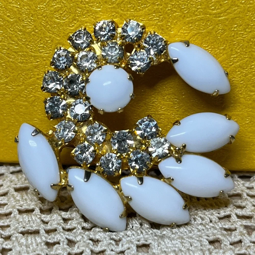 Vintage Milk Glass Rhinestone Crescent Brooch White Gold Tone MCM
